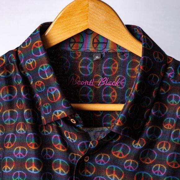 Visconti Black Men’s XL Peace Sign Shirt – Rainbow Cuff, Designer Button-Up - Picture 4 of 7